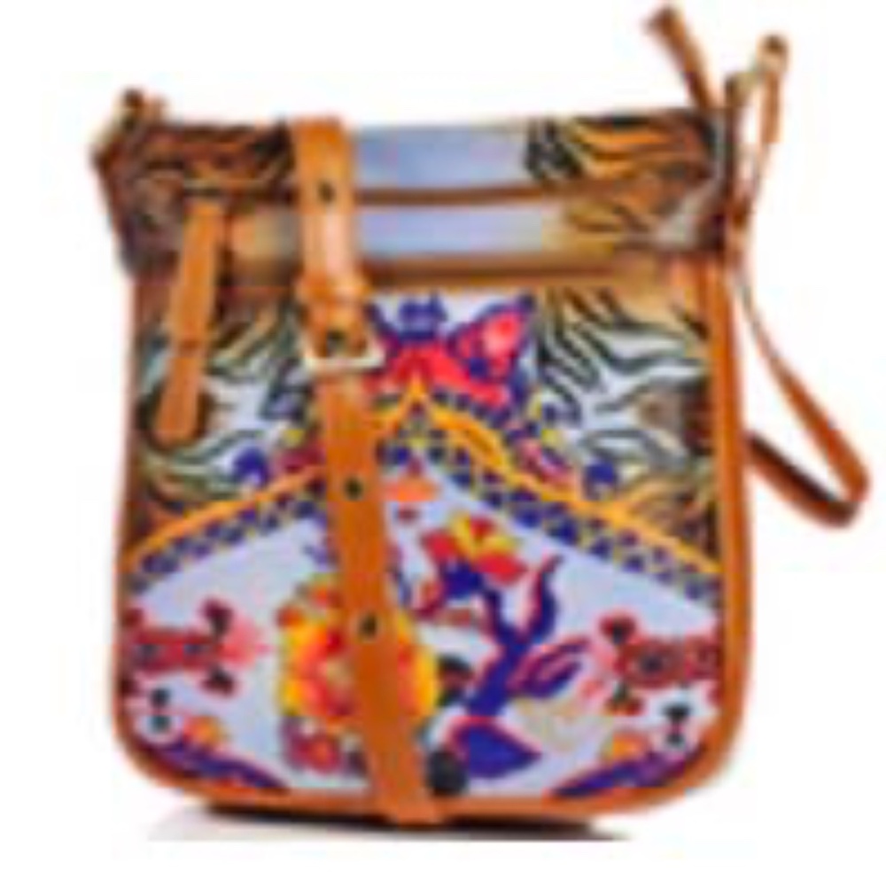 SHOULDER ORGANIZER BAG, LEATHER, HANDPAINTED  MULTICOLOUR, TOP ZIPPER, ADJUSTABL
